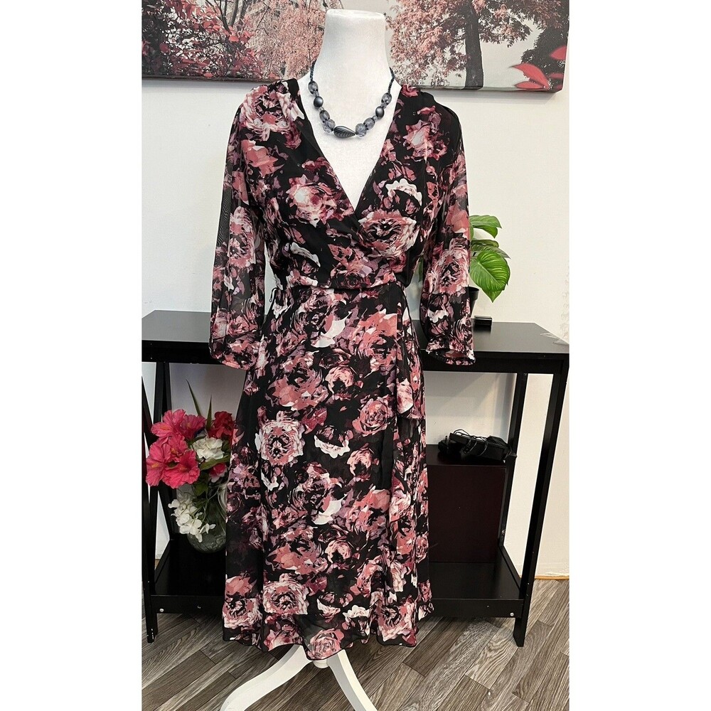 Ryan Michelle Floral Chiffon Midi Dress Size S Black Pink Faux Wrap V-Neck 3/4